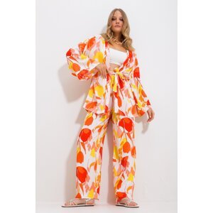 Trend Alaçatı Stili Dámský oranžový kimono kabátek a palazzo kalhotový kostým
