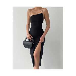Laluvia Black Thin Straps Front Asymmetric Cut Slit Dress