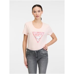 Světle růžové dámské tričko Guess Satin - Dámské