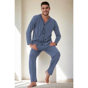 J4425 Dewberry Mens Buttoned Long Sleeve Pyjama Set-BLUE