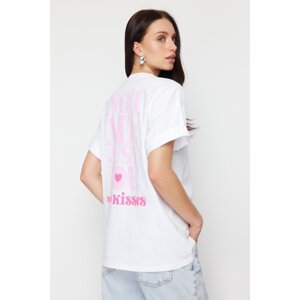 Trendyol White 100% Cotton Back and Front Motto Printed Oversize/Casual Fit Knitted T-Shirt