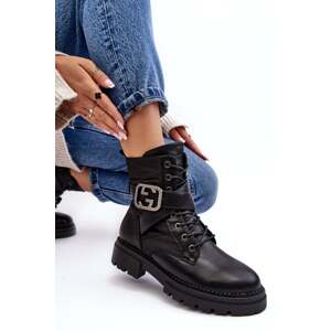 Černé kožené kotníkové boty Gennee Worker s řetízkem