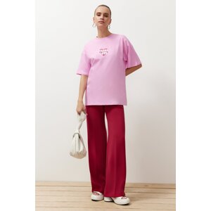 Trendyol Pink 100% Cotton Back and Front Heart Printed Oversize/Casual Fit Knitted T-Shirt