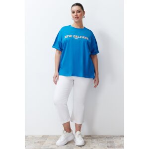 Trendyol Curve Blue Printed Oversize Knitted T-shirt