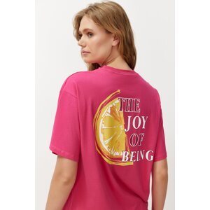 Trendyol Fuchsia Pink 100% Cotton Back and Front Printed Oversize/Comfortable Fit Knitted T-Shirt
