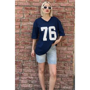 Madmext Navy Blue Printed V-Neck Overfit T-Shirt