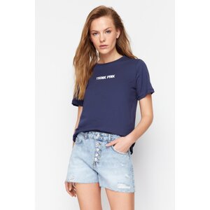 Trendyol Navy Blue 100% Cotton Slogan Embroidered Relaxed/Comfortable Pattern Knitted T-Shirt