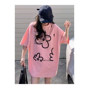 Know Women's Pink Sweet Flower Printed Oversize T-Shirt