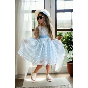 N8712 Dewberry Princess Model Girls Dress with Hat & Lace-BLUE