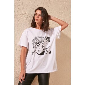 Trendyol White Printed Boyfriend Mold Knitted T-shirt