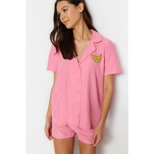 Trendyol Pink Banana Embroidered Viscose Shirt-Shorts Woven Pajamas Set