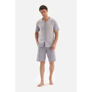 Dagi Gray Pajamas Set with Buttons From the Front, Striped Woven Garnish Shorts