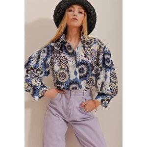 Trend Alaçatı Stili Women's Blue Princess Ethnic Patterned Flared Linen Woven Shirt