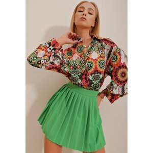 Trend Alaçatı Stili Women's Orange-Green Princess Ethnic Patterned Flared Linen Woven Shirt