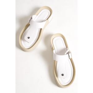 Capone Outfitters Capone Flip-From Side Belt Buckles Colorful Detailed Wedge Heels White Women's Slippers.