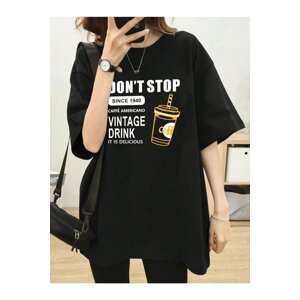 Know Women's Black Vintage Drink Printed Oversized T-shirt