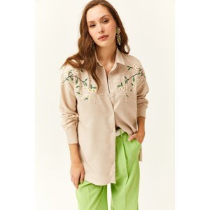 Olalook Women's Stone Embroidered Pearl Wool Effect Oversize Winter Shirt