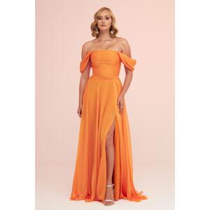 Carmen Orange Chiffon Low Sleeve Long Evening Dress