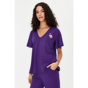 Trendyol Purple Cotton Flamingo Printed Sleeve Flounce Detailed Knitted Pajama Set