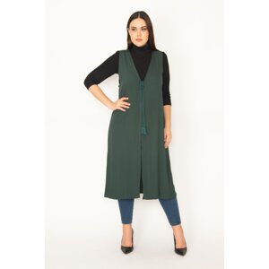 Şans Women's Plus Size Green Vest with Lace-Up Detail in the Front Unlined Long Vest