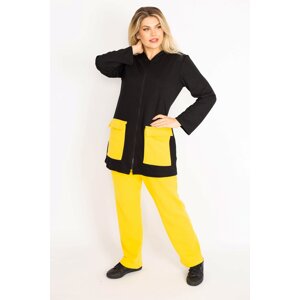 Şans Women's Plus Size Yellow Pocket Combined Hoodie, Zipper Front Sweatshirt and Pants Suit