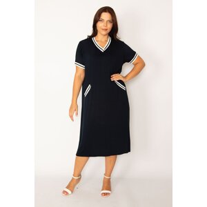 Şans Women's Plus Size Navy Blue Ribbed Detailed V-neck Dress with Pocket