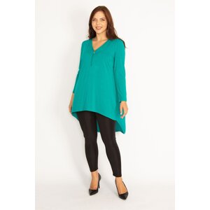 Şans Women's Plus Size Green Viscose Tunic with Zipper Front and Back Detail
