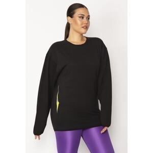 Şans Women's Plus Size Black Cotton Fabric Crewneck Sweatshirt with Print Detail on the Back