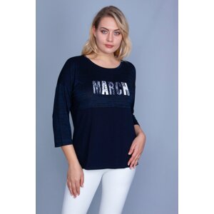 Şans Women's Plus Size Navy Blue Embroidery And Stone Detailed Top With Glittery Silvery Blouse