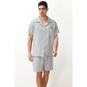 Trendyol Gray Men's Regular Fit Shirt Collar Pajama Set with Woven Shorts