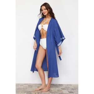 Trendyol Saxe Blue Belted Maxi Woven Ribbon Accessory Kimono & Kaftan