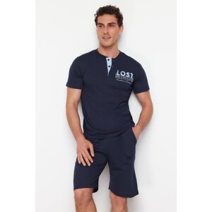 Trendyol Navy Blue Button Collar Regular Fit Pajama Set with Knitted Shorts