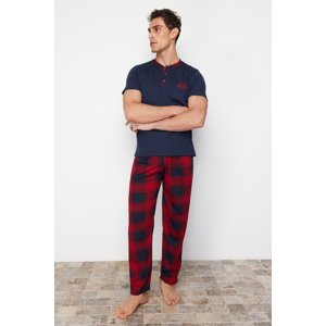 Trendyol Navy Blue Regular Fit Plaid Knitted Pajama Set