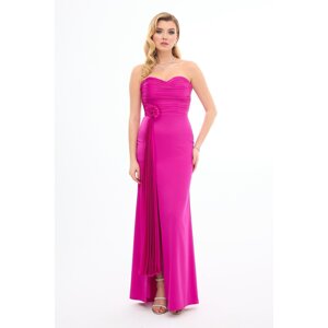 Carmen Fuchsia Decollete Slit Satin Evening Dress