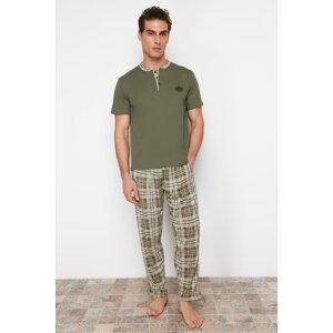 Trendyol Men's Khaki Regular Fit Plaid Knitted Pajama Set