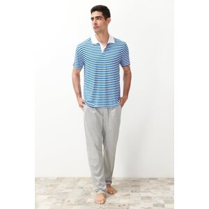 Trendyol Men's Ecru Regular Fit Striped Polo Neck Knitted Pajama Set