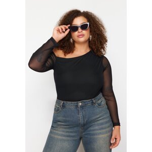 Trendyol Curve Black Tulle Lined Asymmetric Collar Knitted Blouse