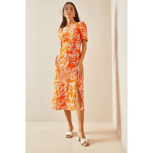 XHAN Orange U-Neck Flower Patterned Dress