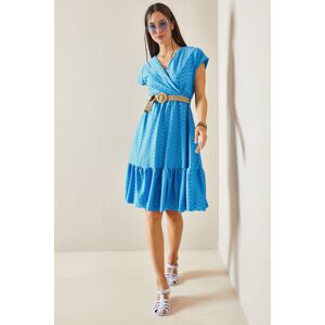 XHAN Blue Double Breasted Collar Scallop Belt Dress