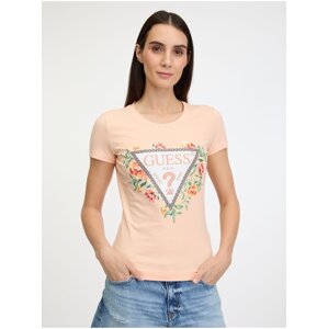 Meruňkové dámské tričko Guess Triangle Flowers - Dámské