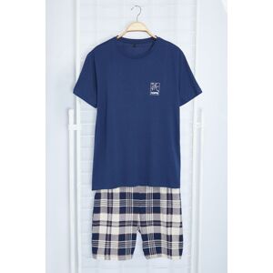 Trendyol Navy Blue Plaid Patterned Printed Regular Fit Knitted Summer Pajama Set with Shorts TMNAW24PT00030